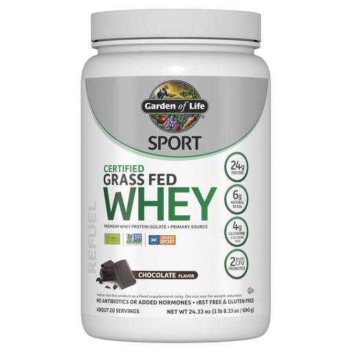 [BRSWKHYYCEDQGHLL] Garden of Life SPORT Whey Protein Powder Chocolate, Premium Grass Fed Whey Protein Isolate plus Probiotics for Immune System Health, 24g Protein, Non GMO, Gluten Free, Cold Processed - 20 Servings
