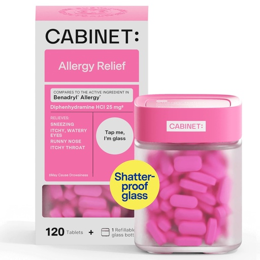 [BRSROBIZAUCAGD37] Cabinet: Diphenhydramine 25mg Allergy Relief Antihistamine Tablets for Allergies, Hay Fever, and Runny Nose, 120 Tablets (Refillable Glass Bottle)