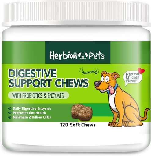 [BRSWYHQHDIFG2CY4] Herbion Pets Digestive Support Chews med Probiotics & Enzymes, 120 Soft Chews, med Daily Digestive Enzymes, för förbättrad Gut Health, Minsta 2 miljarder CFU, Made in USA for Dogs 12 Weeks+, Pack 1