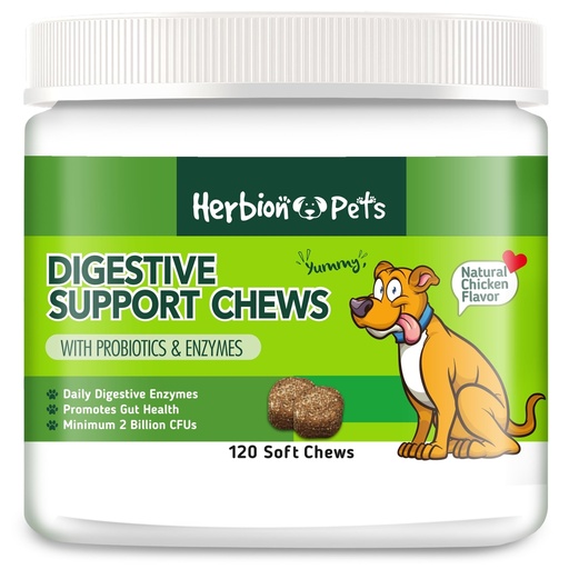 [BRSWYHQHDIFG2CY4] Herbion Pets Digestive Support Chews with Probiotics & Enzymes, 120 Soft Chews, with Daily Digestive Enzymes, for Improved Gut Health, Minimum 2 Billion CFUs, Made in USA for Dogs 12 Weeks+, Pack 1