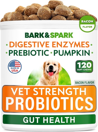 [BRSRAGQTCQFQKFLF] BARK&SPARK Vet Strength Dog Probiotics Chews - Gas, Diarrhea, Allergy, Constipation, Upset Stomach Relief, with Digestive Enzymes + Pumpkin + Prebiotics - Chewable Fiber Supplement - 100ct - Bacon