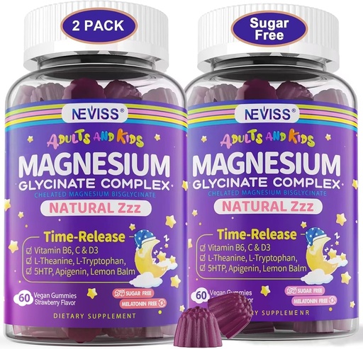 [BRSROCQEOR5B6H3Z] Magnesium Glycinate Gummies for Adules & Kids 4 +, Sugar Free Magnesium Bisglycinate Suplement 400 / 200mg dengan B6D3, 5HTP, L- Theanine for Relaxation, Brain, Muscle, Melonulin Free Gummies, 2Pack