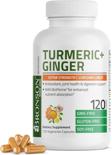 [BRSROGDQDIBBADTK] Bronson Turmeric + Ginger Extra Strength Joint Health & Digestion Soporte con BioPerine, Non-GMO, 120 cápsulas vegetarianas