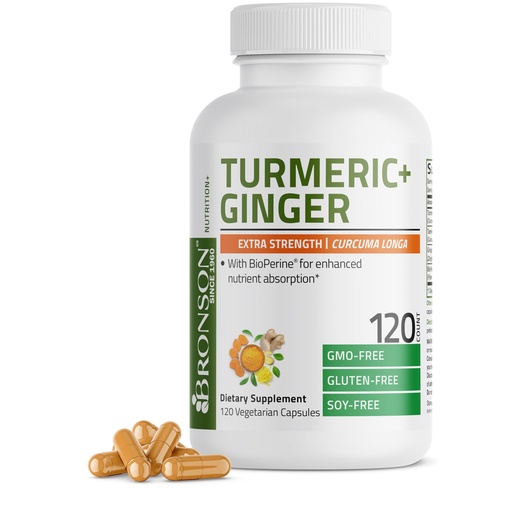 [BRSROGDQDIBBADTK] Bronson Turmeric + Ginger Extra Strength Joint Health & Digestion Support with BioPerine, Non-GMO, 120 Vegetarian Capsules