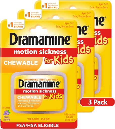 [BRSWGHD6PN5QOE3B] Dramamine Kids Chewable, Motion Sickness Relief, Grape Flavor, 8 Count, 3 Pack