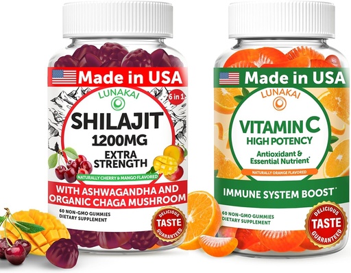 [BRSRABQCCEBBGE3J] Lunakai USA Made Shilajit & Vitamin C High Potency Gummies Bundle – Energy and Immune Support – Non-GMO & Delicious
