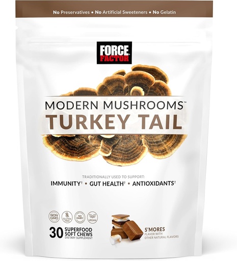 [BRSROFI7CEJQI3YY] FORCE FACTOR Modern Mushrooms Soft Chews, Turkey Tail Mushroom Supplement to Support Immunity, Digestive Health, and Vitality, Antioxidants Supplement, Delicious S’Mores Flavor, 30 Soft Chews