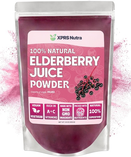 [BRSWYBIBOEDWOFLD] XPRS Nutra Elderberry Juice Powder - Elderberry Powder Organic Fruit Juice Mix - Powdered Elderberries Suplemento Rico en Vitaminas A y C (16 oz)
