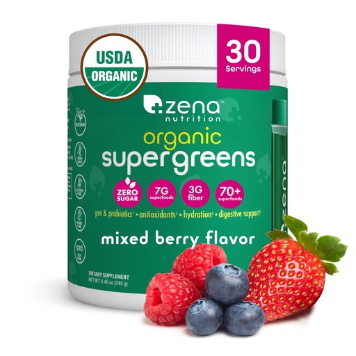 [BRSRAZY2AUPA23Q3] Zena Nutrition Organic Super Greens Powder, 70+ Superfoods, 0 Sugar, 3G Fiber, Spirulina, Chlorella, Antioxidants, Prebiotics/Probiotics, Digestive Enzymes, Mixed Berry, 30 Servings