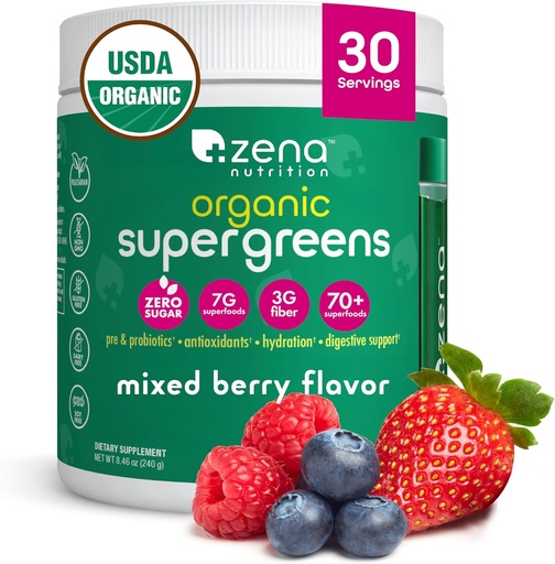 [BRSRAZY2AUPA23Q3] Zena Nutrition Organic Super Greens Powder, 70+ Superfoods, 0 Sugar, 3G Fiber, Spirulina, Chlorella, Antioxidants, Prebiotics/Probiotics, Digestive Enzymes, Mixed Berry, 30 Servings