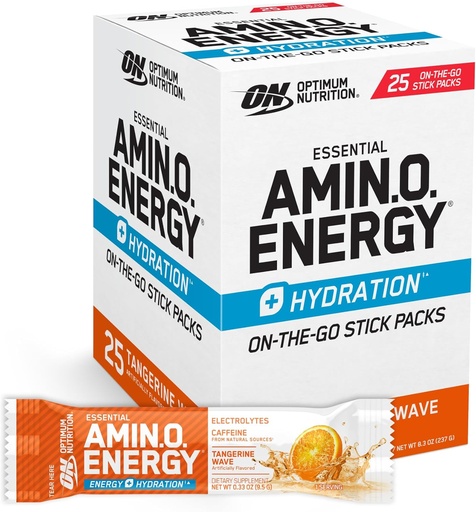 [BRSRAAQHBB5RADLH] Optimum Nutrition Amino Energy Hydration Packets, On-The-Go Energy Powder Stick Packs, Tangerine Wave, 25 Count
