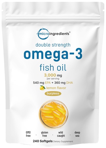 [BRSROBA5BUCBECTG] Micro Ingredients Omega 3 Fish Oil Supplements 3,000mg Per Serving, 240 Softgels | Lemon Flavored – Burpless | EPA 540mg + DHA 360mg | Deep Sea Fish