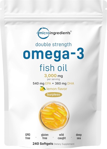 [BRSROBA5BUCBECTG] Micro Ingredients Omega 3 Fish Oil Supplements 3,000mg Per Serving, 240 Softgels | Lemon Flavored – Burpless | EPA 540mg + DHA 360mg | Deep Sea Fish