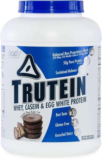 [BRSWIZQ2B4CBECT2] Body Nutrition Trutein High Protein Powder: 45% Whey, 45% Casein, 10% Egg White Protein Shake Mix, Gluten-Free, Low Sodium, Low Carb Protein Supplement for Men & Women, Chocolate Peanut Butter, 4lb