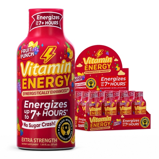 [BRSRAHAFCVYQA2TB] Vitamin Energy Fruit Punch Extra Strength Energy Shot, 12 Pack - Up to 7 Hrs, 260mg Natural Caffeine, Zero Sugar - Green Tea Extract, Immune Support, B12 B6 Niacin, 1.93 fl oz, Keto Vegan