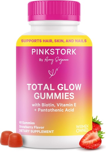 [BRSWYEIHBAFAKYDV] Pink Stork Total Glow Gumies for Women - Hair, Skin & Nails Vitamin Biotinnal, A-vitamin, B6, B12, folsav, Cink & More - Support for radiant skin, Strong Nails, and Healthy Hair - 60 Berry Gumies