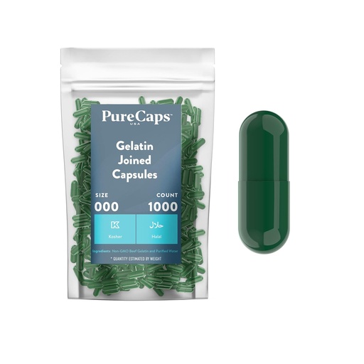 [BRSWGAYCAR5WG23U] Purecaps USA - Empty Gelatin Pill Capsules Size 000| 1,000 Joined Pills| Green| Non-GMO Certified | SLS, Gluten, Preservative Free