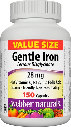 [BRSRM2QZAQNGMDL5] Webber Naturals Gentle Iron Supplement with Vitamin C, B12 and Folic Acid, 28 mg, 150 Capsules, Stomach-Friendly, Non-Constipating, Helps Prevent Iron Deficiency Anemia