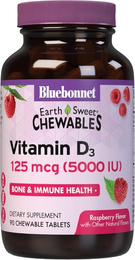 [BRSWIFYHDIOB2FQ7] Bluebonnet Nutrition Earth Sweet Vitamin D3 5000 IU Chewable Tablets, Aids in Muscle & Skeletal Growth, Non GMO, Gluten & Soy & Milk Free, Kosher, Raspberry, White, 90 Count