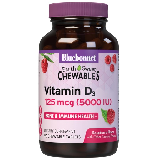 [BRSWIFYHDIOB2FQ7] Bluebonnet Nutrition Earth Sweet Vitamin D3 5000 IU Chewable Tablets, Aids in Muscle & Skeletal Growth, Non GMO, Gluten & Soy & Milk Free, Kosher, Raspberry, White, 90 Count