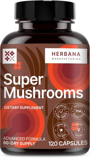 [BRSRAALQOZ5QA33O] Super Mushrooms 8-in1 120 Capsules - Brain Booster & Immune Support Drops - Reishi, Lion`s Mane, Cordyceps, Chaga, Mitake, Turkey Tails, Shiitake, Agaricus - High Potency Extract