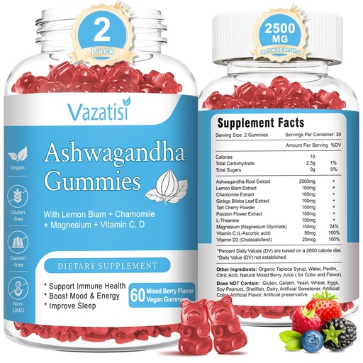 [BRSRM2Q7PMGWMADK] 2 Pack Ashwagandha Gummies for Women Men, Sugar Free Organic Ashwagandha Gummies Supplement for Relax Restore Balance, Vegan Gluten Free, 120 Count