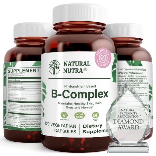 [BRSWKHQIOBYBM2DC] Natural Nutra Vitamin B Complex with Niacin, Folate, Thiamin, Biotin, Supports Nervous System Health, Promotes Metabolism, Skin, Eyes and Hair Health, Whole Food Supplement, 120 Vegetarian Capsules