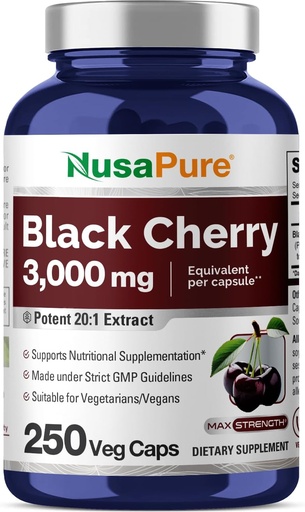 [BRSROAQEDIPQ2AD4] NusaPure Black Cherry Extract 3,000mg 250 Veggie Capsules Max Potency, Non-GMO, Bioperine