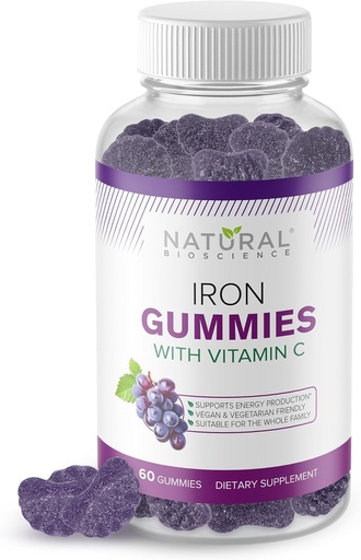 [BRSRAEA7CQCBAG3X] Iron Gummies with Vitamin C - Chewable Iron Supplement for Adults & Kids, Iron Deficiency Anemia, Red Blood Cell Support, Energy, Immune Function, Brain Health, Max Absorption, 60 Vegan Gummies