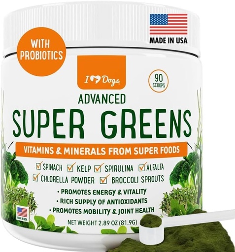 [BRSROHYOOJ6QA3I3] iHeartDogs Super Greens for Dogs with Broccoli Sprouts & Spirulina Powder - Seasonal Allergy & Immune Support Dog Greens Powder - Vitamins, Antioxidants & Minerals Supplement for Dogs
