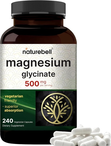 [BRSRAHA7AAMRSAD2] NatureBell Magnesium Glycinate 500mg, 240 Veggie Kapseln | 100% Chelat & Purified | Schlaf, Muskel & Nerve Unterstützung | Non-GMO, Gluten-Free