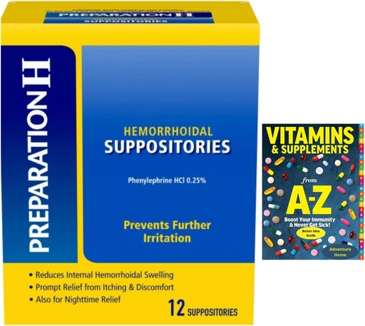 [BRSROCABOYBA2ADO] Suppositories Hemorrhoidal, Relief Daytime and Nighttime Discomfort of Hemorrhoids, 12 Count + Better Guide Free Vitamins Supplements