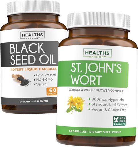 [BRSRAY37BAFBUHTD] Black Seed Oil & St. John's Wort (1-Meth Supply) Mélange de serène de Black Seed Oil (60 capsules) Nigella Sativa pressée à froid et St. John's Wort (60 capsules) avec Hypericine puissant 900mcg