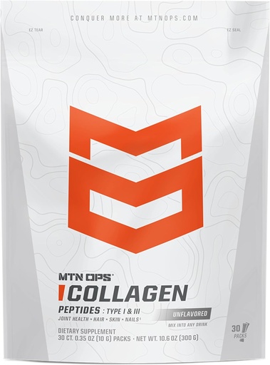 [BRSRAYAZBMMQOGT2] MTN OPS Collagen Protein Powder On-The-Go Packs, 30 Packs por Bolsa de Proteína Desflavorada, Altamente Digestible con 9g de Proteína por Serving