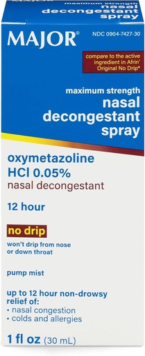 [BRSWYYI6OAFA4FLA] MAJOR Maximum Strength Nasal Decongestant Spray, Oxymetazoline HCl 0.05% Pump Mist, Non-Drowsy Nasal Spray, up to 12-Hour Relief from Nasal Congestion, Colds, and Allergies 1 Fl. Oz. (1-Pack)