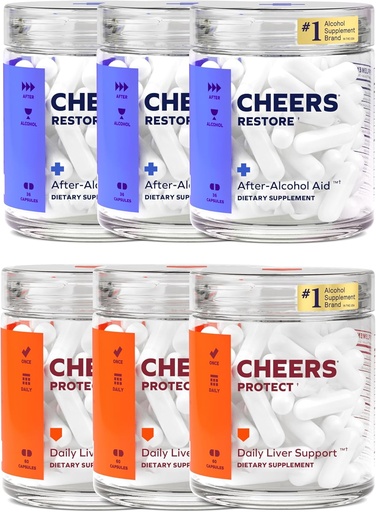 [BRSWGBAHBYJQMALX] Cheers Liver Combo | Restore + Protect | Support Your Liver & Feel Better After Drinking | DHM, L-Cysteine, Milk Thistle, Prickly Pear, B-Vitamins | 36 Doses Restore, 90 Doses Protect | Supplements