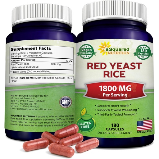 [BRSWGYI2BB5RSDLL] aSquared Nutrition Red Yeast Rice 1800mg - Dietary Supplement Vegan Powder Pills to Support Cardiovascular Health - 180 Veggie Capsules
