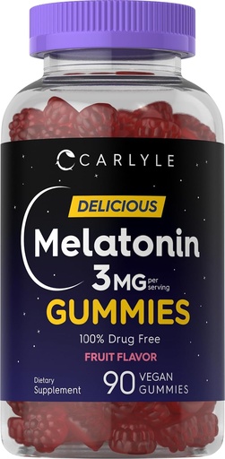 [BRSRMHAHDMHWGFI2] Carlyle Melatoniini Gummies 3mg ... 90 Count... Hedelmät Makulisä... 100% Drug Free Support Vegaani, ei-GMO, Gluteeniton