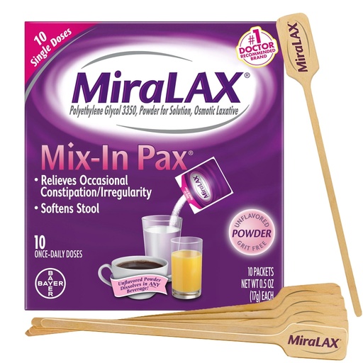 [BRSWY2QFAABRE3TA] MiraLAX Gentle Constipation Relief Laxative Powder, Stool Softener with PEG 3350, No Harsh Side Effects, Single Dose Mix-In Pax with Mixing Stirrers, Travel Pack, 10 Dose