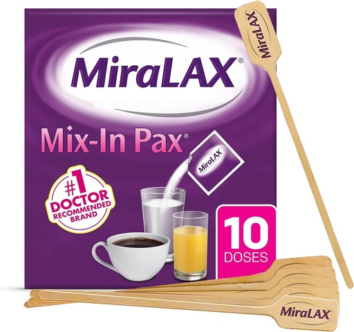 [BRSWY2QFAABRE3TA] MiraLAX Gentle Constipation Relief Laxative Powder, Stool Softener with PEG 3350, No Harsh Side Effects, Single Dose Mix-In Pax with Mixing Stirrers, Travel Pack, 10 Dose