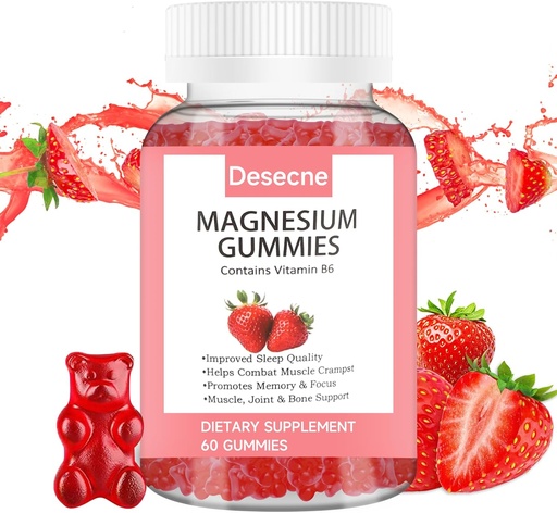 [BRSRAGIHB4PWM332] Magnésium Glycinat Gommies pour adultes Enfants avec vitamine B6, Fraise Flavor Calme Supplément Magnésium, Citrate de magnésium pour le sommeil, 60 Gommies par bouteille