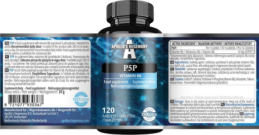 [BRSRAZLYOJYRQ2T2] Pyridoxal-5-Phosphate (P-5-P) 50 mg per Tablet - 120 Vegan Tablets - Supply for 480 Servings - Supports Nerve and Psychological Functions -Vitamin B6 Diet Supplement - by Apollo's Hegemony