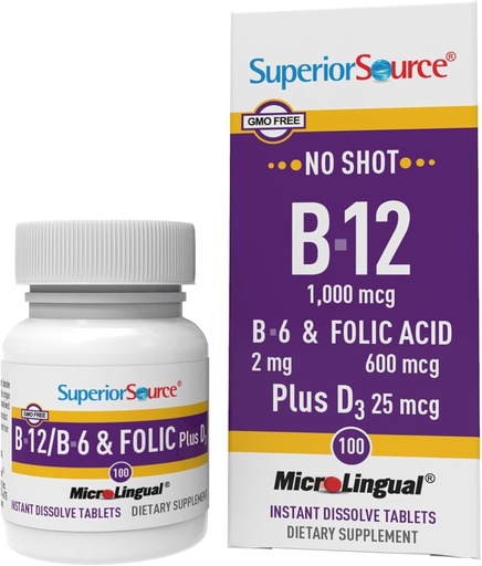 [BRSWIZQRO4PBSCQ7] Superior Source No Shot Vitamin B-12 Cyanocobalamin 1000 mcg, B-6, Folic Acid & Vitamin D-3 1000 IU - Supports Energy, Brain, Heart, & Bone Health - 100 Sublingual Dissolving Tablets