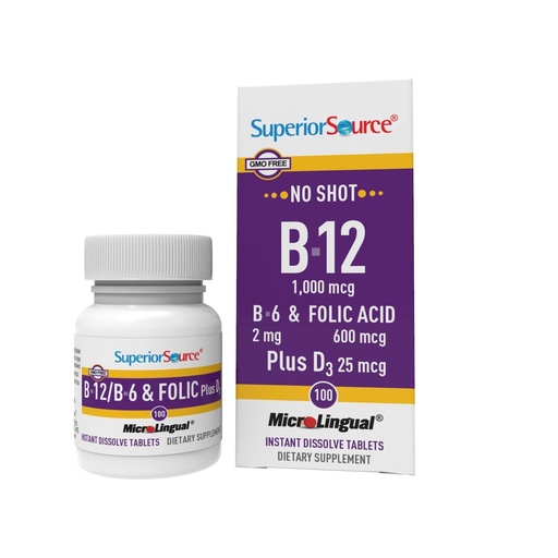 [BRSWIZQRO4PBSCQ7] Superior Source No Shot Vitamin B-12 Cyanocobalamin 1000 mcg, B-6, Folic Acid & Vitamin D-3 1000 IU - Supports Energy, Brain, Heart, & Bone Health - 100 Sublingual Dissolving Tablets