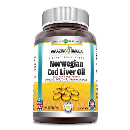 [BRSROZAHOEDWKDT2] Amazing Omega Norwegian Cod Liver Oil 1250 Mg Softgels Supplement | Omega-3, EPA, DHA, Vitamin A, Vitamin D & Vitamin E (Lemon | 120 Count)