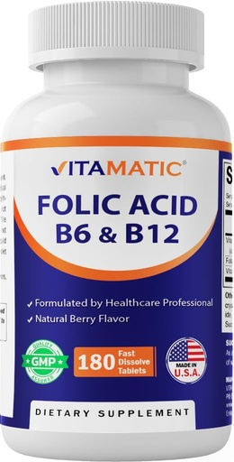 [BRSROZAFBUAREHIU] Vitamatic Folic Acid, Vitamin B12 & B6 – 180 Fast Dissolve Tablets Heart Health, Energy Production & Red Blood Cell Support