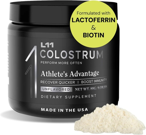 [BRSRAFABBEMGOH3V] Colostrum Supplement by L11 with Lactoferrin Biotin Zinc & Vitamin D | Bovine Colostrum Powder for Peak Athletic Health, Gut Health, Muscle & Immune Support | 1500mg Colostrum - Unflavored 30 Servings