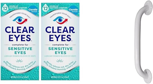 [BRSRAYYYAF6GG3DP] Clear Eyes Sensitive Eye Drops, 2 Pack and Drive Medical White Powder-Coated Grab Bar