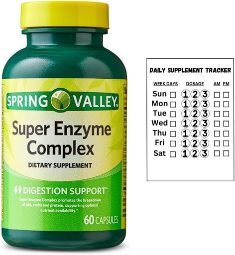 [BRSRABQYPMPA2HY4] Primavera Valle Super Enzyme Complex Suplemento dietético para soporte digestivo, 60 cápsulas + pegatina de suplemento diario