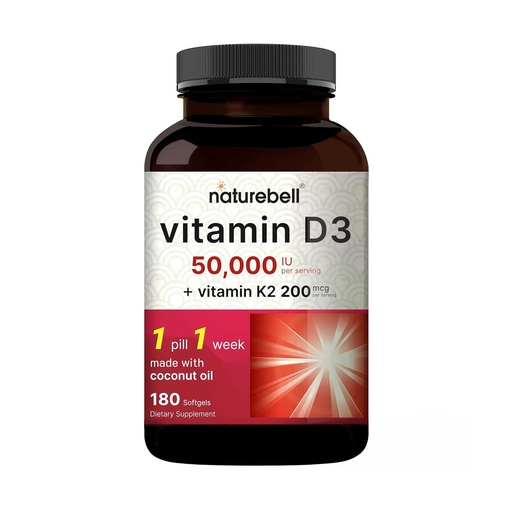[BRSROYA2AUPBSCT2] NatureBell Vitamin D3 50,000 IU with Vitamin K2-180 Softgels - High-Potency Bone & Immune Support* - Easy Absorption with Coconut Oil - Non-GMO & Gluten-Free